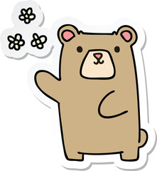 sticker of a quirky hand drawn cartoon bear and flowers