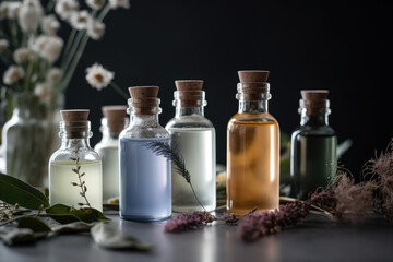 Obraz na płótnie Canvas Natural Beauty: Cosmetic Bottles with Botanic Elements (Generative Ai)