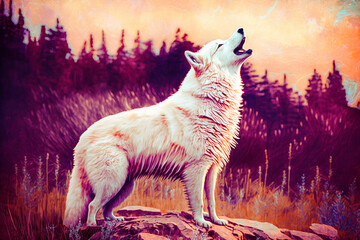 White colorful painting art wolf open mouth howling anna wilson in the style of impress beautiful AI Generated Image - obrazy, fototapety, plakaty