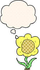 cartoon flower with thought bubble in comic book style