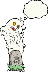 cartoon ghost rising from grave with thought bubble