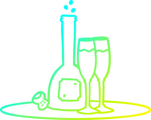 cold gradient line drawing of a cartoon champagne on tray