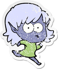 distressed sticker of a cartoon elf girl staring