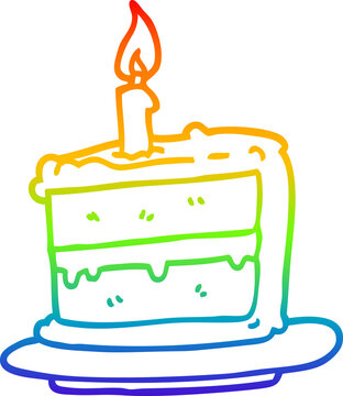 Rainbow Gradient Line Drawing Of A Cartoon Birthday Cake