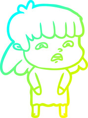 cold gradient line drawing of a cartoon worried woman