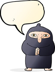 cartoon monk in robe with speech bubble