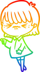 Fototapeta premium rainbow gradient line drawing of a annoyed cartoon girl making accusation