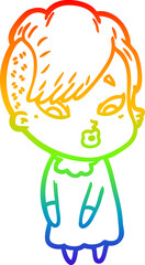 rainbow gradient line drawing of a cartoon surprised girl
