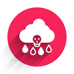 White Acid rain and radioactive cloud icon isolated with long shadow background. Effects of toxic air pollution on the environment. Red circle button. Vector