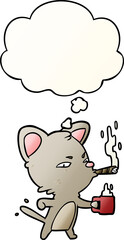 cartoon cat with coffee and cigar with thought bubble in smooth gradient style