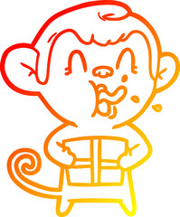 warm gradient line drawing of a crazy cartoon monkey with christmas present