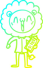 cold gradient line drawing of a happy cartoon lion
