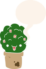 cartoon shrub in pot with speech bubble in retro style