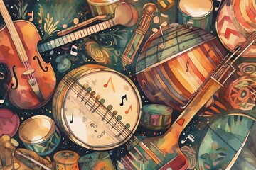 Colorful handmade music illustrations of instruments and music are painted. Generative AI