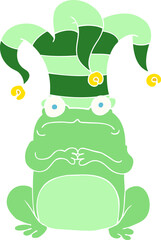 flat color illustration of nervous frog wearing jester hat