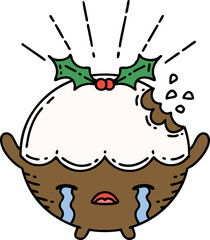 Obraz premium illustration of a traditional tattoo style christmas pudding character crying