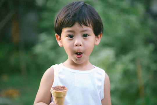 Asia boy he mouth aftertaste from eating chocolate ice cream  or chocolate dessert. A sweet-toothed child eat chocolate.