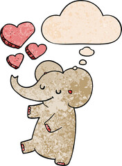 cartoon elephant with love hearts with thought bubble in grunge texture style