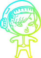 cold gradient line drawing of a cartoon astronaut woman