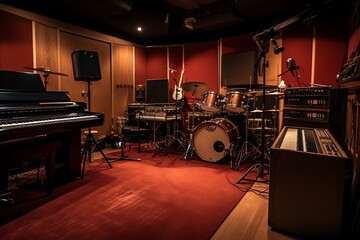 Fototapeta na wymiar Stage instruments in a music recording studio. Generative AI