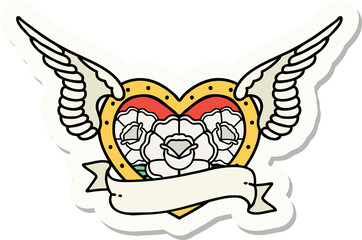sticker of tattoo in traditional style of a flying heart with flowers and banner