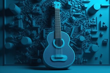 3D illustration of a wall with a blue musical instrument. Generative AI