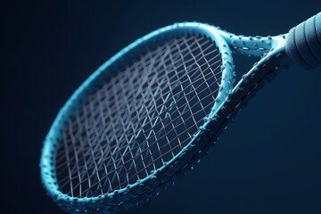 A 3D rendering of a tennis racket striking a tennis ball on a blue background in closeup. Generative AI