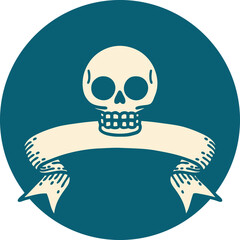 tattoo style icon with banner of a skull