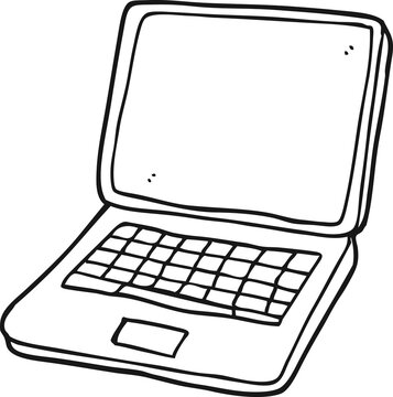 freehand drawn black and white cartoon laptop computer with heart symbol on screen