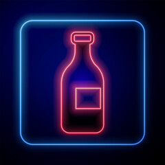 Glowing neon Bottle of wine icon isolated on black background. Vector