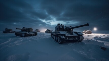 Group Tanks Frozen Wasteland Winter War Chilling Battle Generative AI	