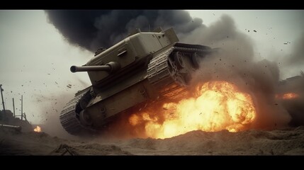 WWI Tank Explosion Enemy Grenade Fireball Intense Warfare Generative AI	