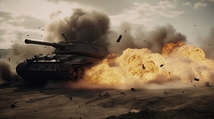First World War Tank Pierces Enemy Defenses Fiery Battleground Generative AI	