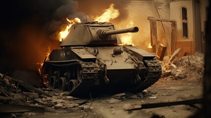 WWI Tank Ruins Destroyed Armored Vehicle War Consequence Generative AI	