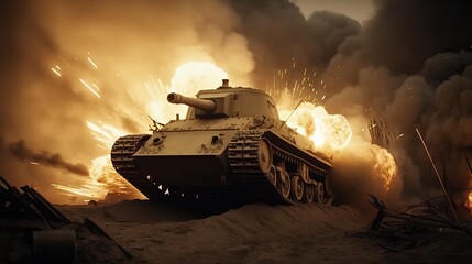 WWI Tank Breaks Through Enemy Lines Flaming Intense Battle Generative AI	