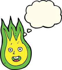 cartoon friendly fireball with thought bubble