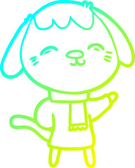 cold gradient line drawing of a happy cartoon dog in winter clothes