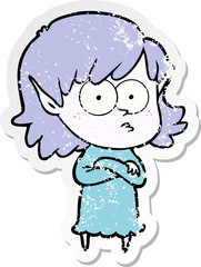 distressed sticker of a cartoon elf girl staring