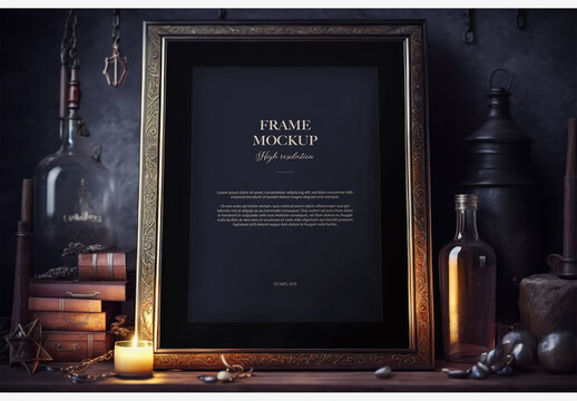 Mood-setting Still Life: Dark Room With Blackboard, Candle, And Shelf Featuring Window With Illuminated Background And Sill Candle Frame Mockup Template Generative AI