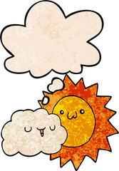 cartoon sun and cloud with thought bubble in grunge texture style