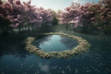 A calm lake encircled by blooming cherry trees in digital artwork. Generative AI