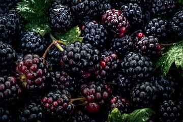 Top down view of fresh blackberries with waterdrops. AI Generative Art.