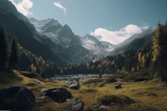 Scenic beauty of mountains narrated through a picturesque composition of natural elements. Generative AI