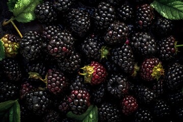 Top down view of fresh blackberries with waterdrops. AI Generative Art.