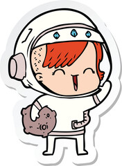 sticker of a cartoon happy spacegirl holding moon rock