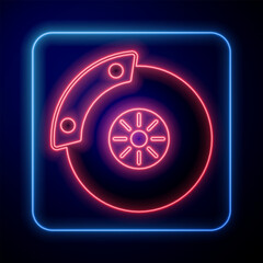 Glowing neon Car brake disk with caliper icon isolated on black background. Vector
