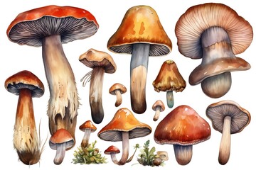 A set of edible mushrooms in watercolor drawings. Generative AI