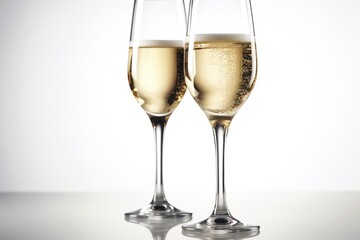 Two Champagne Glasses Toasting, White Background. Generative AI