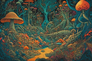 Obraz na płótnie Canvas Vividly illustrated psychedelic scene with mushrooms, exotic birds, and plants in peacock colors. Generative AI