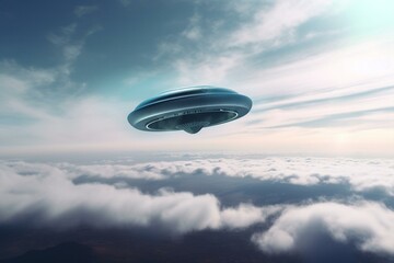 Naklejka na ściany i meble A 3D representation of a UFO flying in the sky. Generative AI